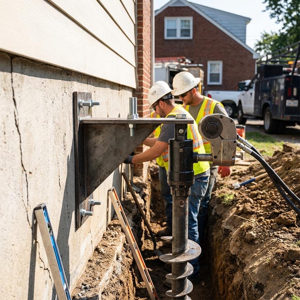 Foundation repair specialist inspecting a home's basement foundation