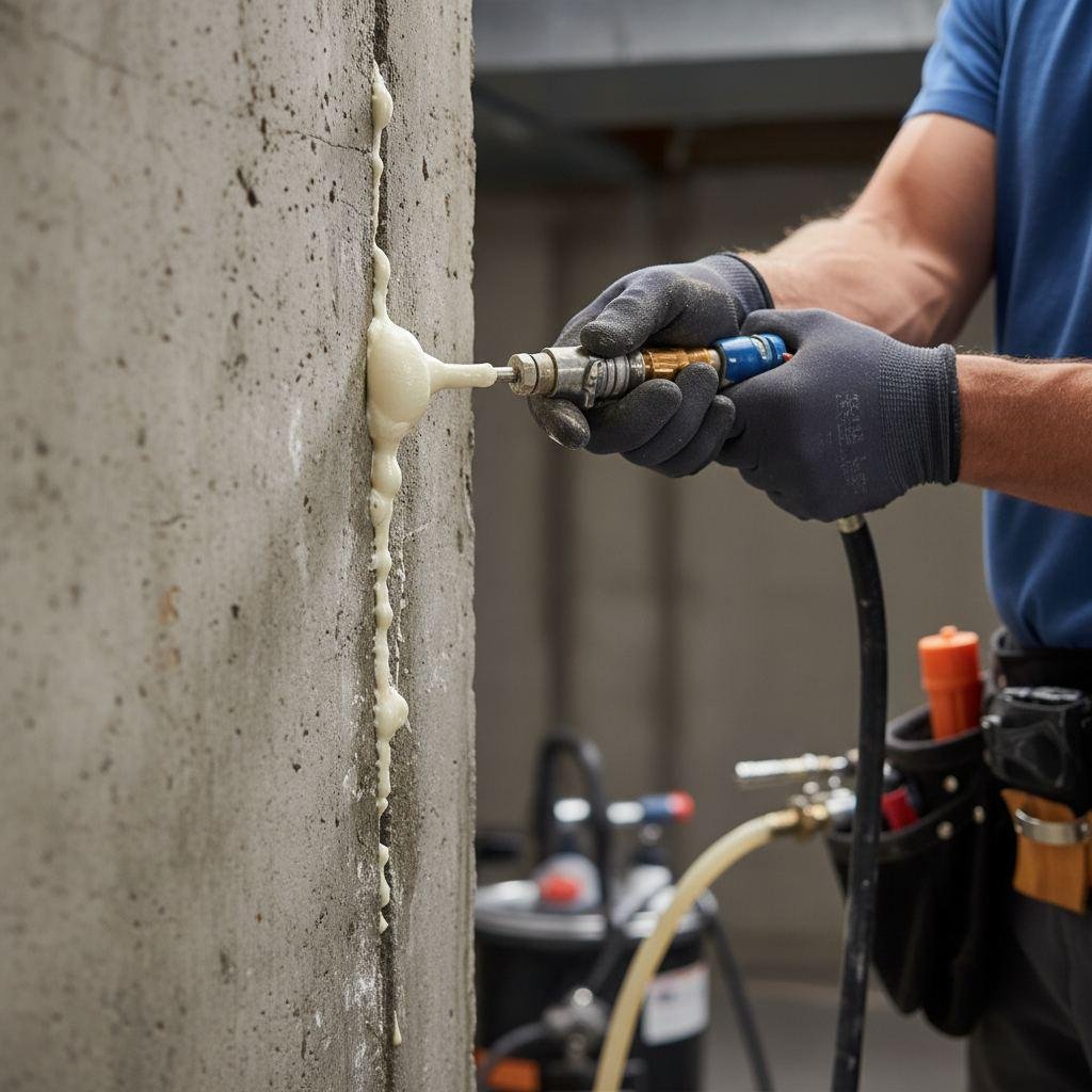 Foundation crack repair with epoxy injection and carbon fiber straps